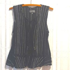 Michael Stars black striped gauzy peasant peplum top lightweight with tassels L